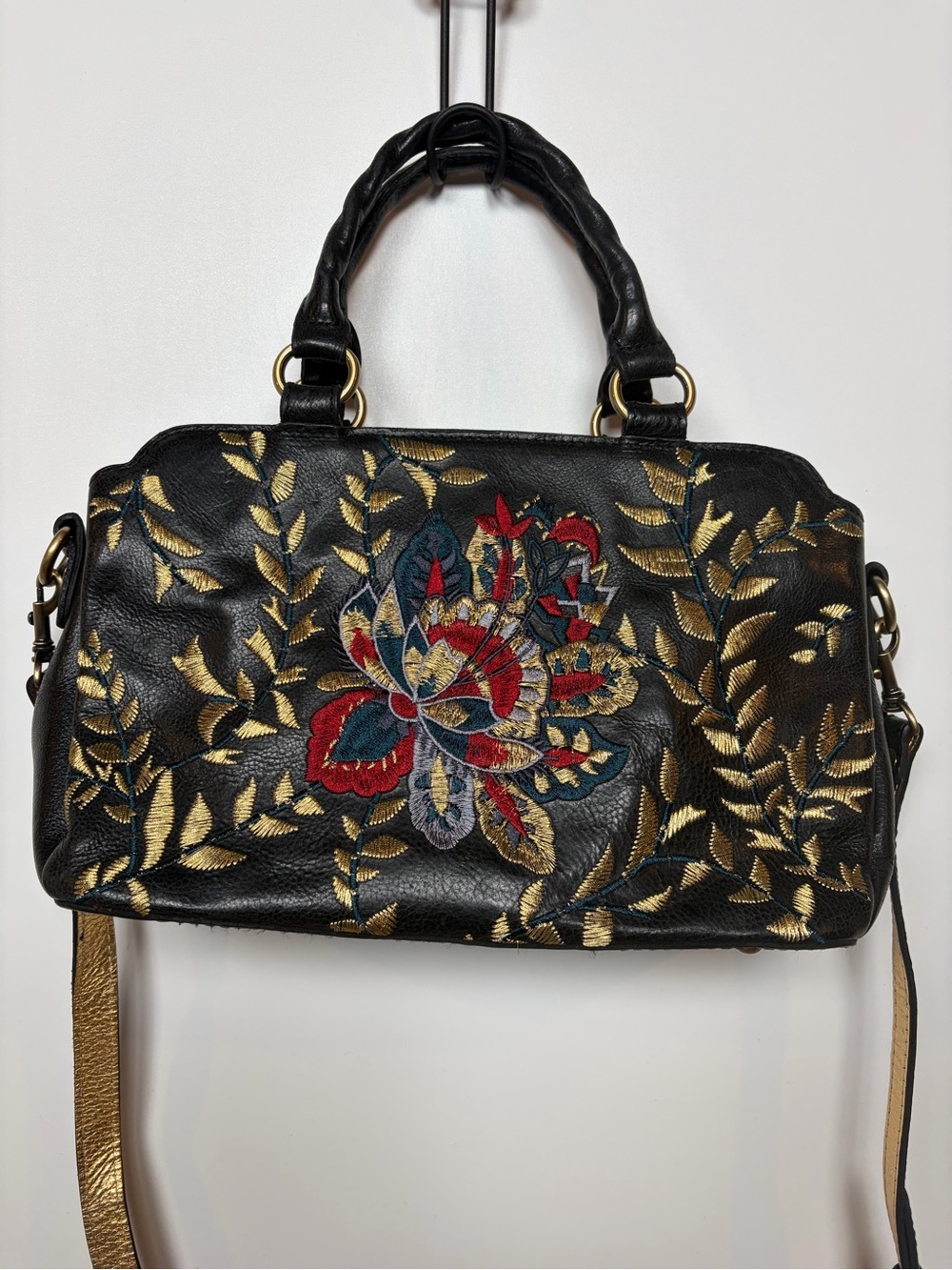 Patricia Nash Angelin Black Leather Embroidered Floral Satchel Crossbody Bag